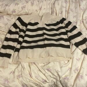 Coastal Cream Striped Pullover Quarter-zip Sweater